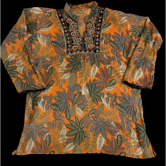 Anthropologie embellished botanical print 3/4 sleeve tunic top blouse fall S - Picture 2 of 6